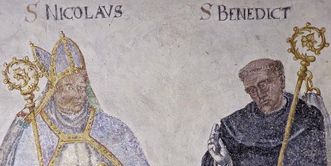 Der heilige Nikolaus und der heilige Benedikt, Wandgemälde in der Wintersakristei von Kloster Großcomburg von Michael Viol