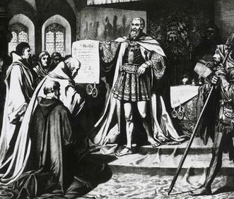 Einweihung der Universität Tübingen 1476: Graf Eberhard I. von Württemberg überreicht die Bulle des Papstes, Lithografie von Carl von Häberlin