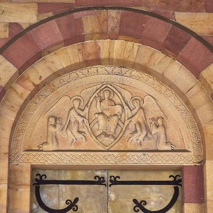 Tympanum with Christ within the mandorla above the main entrance to the church at Alpirsbach Monastery