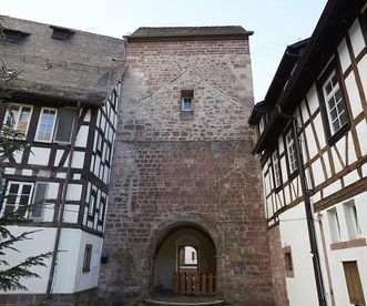 View of the tower of the first stone monastery church in Alpirsbach